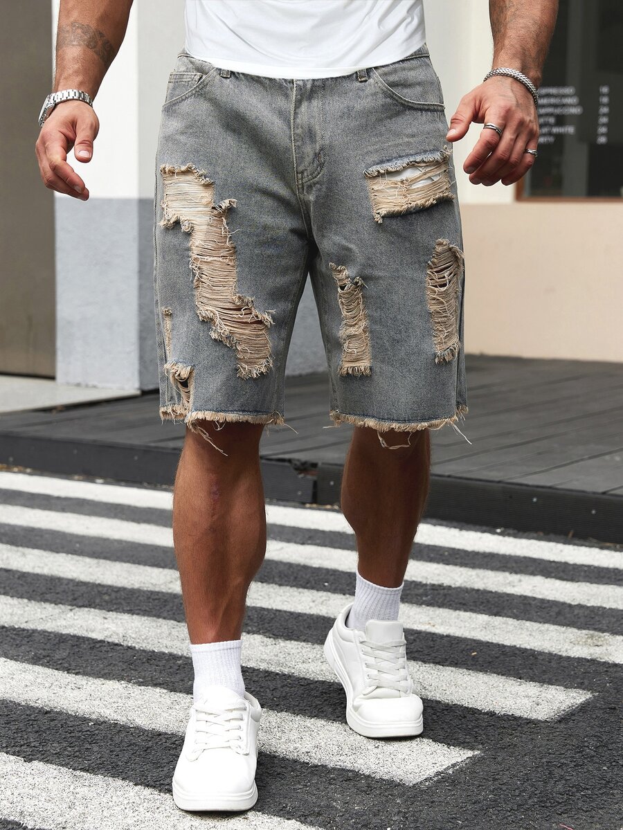 Manfinity Homme Men Plus Ripped Frayed Raw Hem Denim Shorts - Light Wash - View 1
