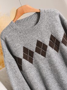 CosyJoli Plus Argyle Pattern Drop Shoulder Sweater - Grey - View 5
