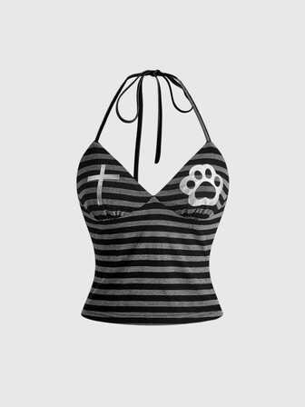 Grunge Punk Gestreiftes Pfotenmuster Neckholder Top