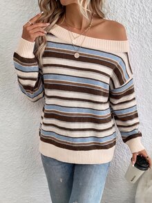 SHEIN LUNE Suéter de hombros caídos con patrón a rayas - Multicolor - Ver 4