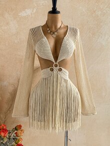 Soleia Women's Hollow Out Sexy Tassel Hem Long Sleeve Sweater Dress - Apricot - View 8