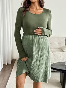 SHEIN Vestido de lactancia de maternidad con bloques de color y patchwork - Verde - Ver 6