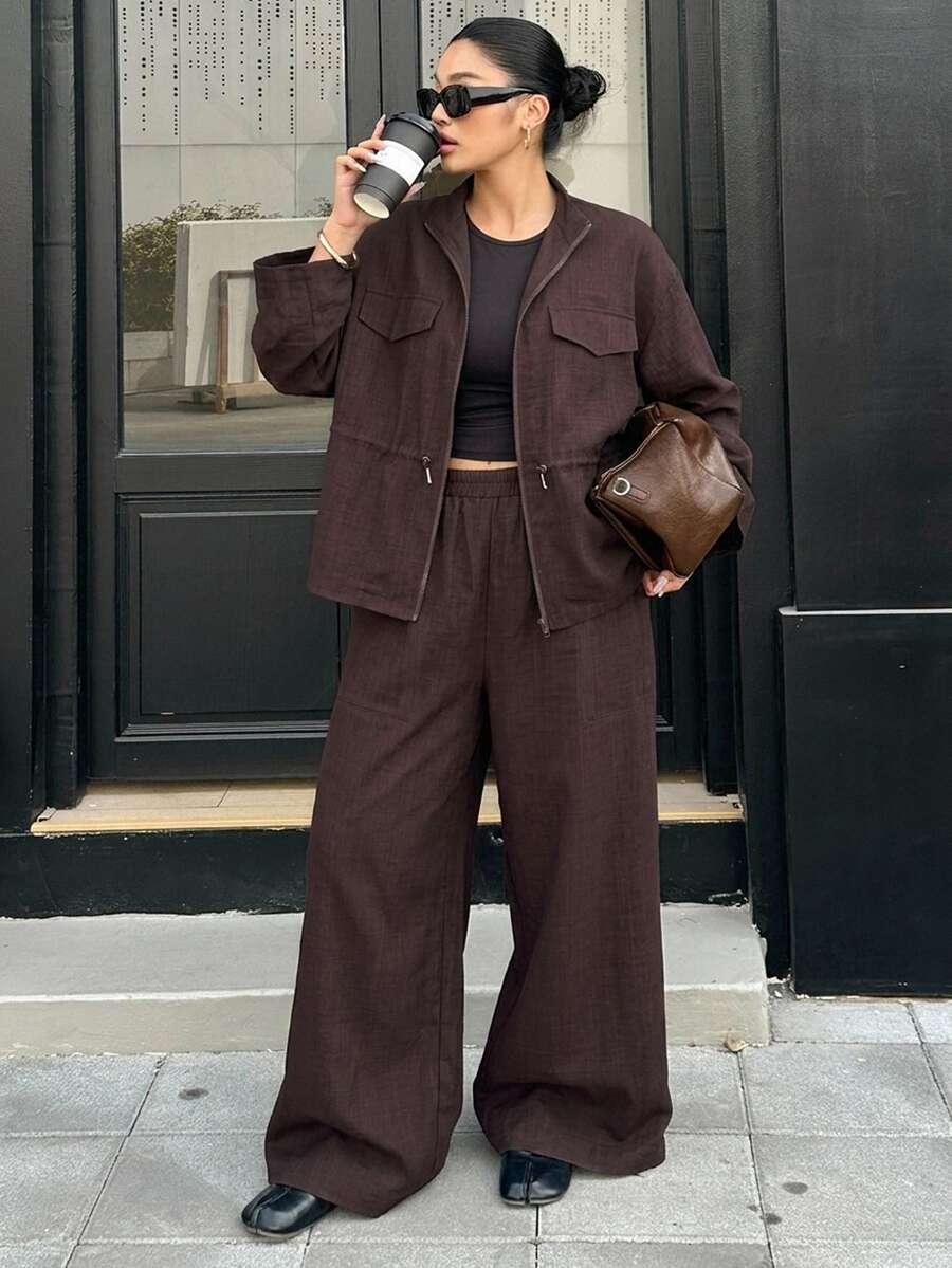 Livesso Plus Size Zip-Up Long Sleeve Versatile Jacket And Loose Pants 2 Pieces Set Fall - Brown - View 1