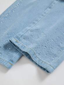 SHEIN Elladie kids 少女彈性腰水鑽裝飾寬腿牛仔褲 - 淺色水洗藍 - 查看 4