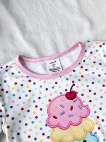 SHEIN 女童波點印花刺繡冰淇淋圖案上衣與長褲睡衣套裝 - 白色 - 查看 4