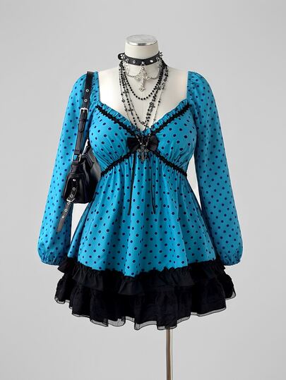Sunspun Plus Polka Dot Print Lantern Sleeve Frill Trim Bow Front Babydoll Blouse