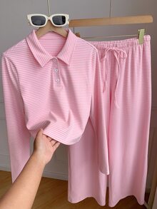 Comfortcana Contrast Striped Print Polo Collar Long Sleeve Top & Knot Front Pants Set - Pink - View 9