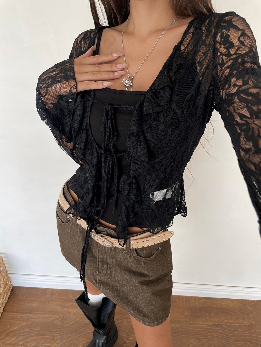 K-Vae Women's Black Cropped Long Sleeve Lace Top - Black - View 1