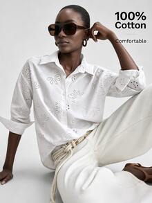 Ontre Floral Embroidery Button Front Shirt - White - View 1