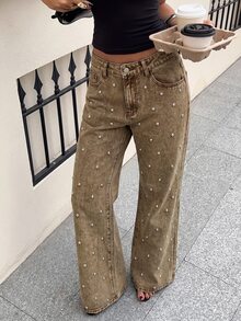 Comfortcana Jeans de pierna ancha con detalles de pedrería - Granate - Ver 5
