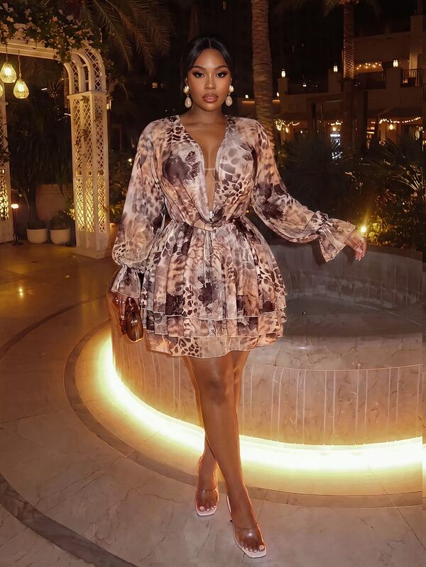 Firerie Plus Size Sexy Leopard Print Cowl Neck Elegant Vacation Dress