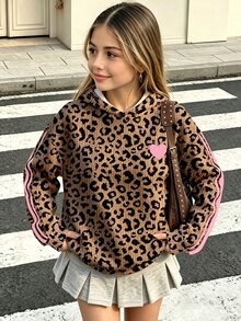 Sudadera con estampado de leopardo y patrón de corazón para niña preadolescente - Multicolor - Ver 1