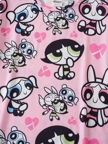 THE POWERPUFF GIRLS X SHEIN فستان كاجوال برقبة دائرية وأكمام قصيرة للفتيات المراهقات - وردي - مشاهدة 4