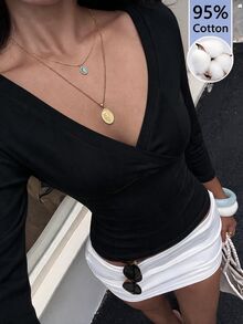 Aloruh 女款優雅休閒純色T恤，適合日常穿著與街頭風格的多功能單品 - 黑色 - 查看 4