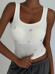 Livesso Camiseta de tirantes corta para dormir con estampado de corazón y letra, estilo cojín en el pecho - Blanco - Ver 12