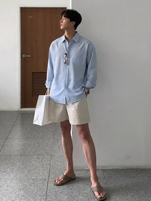 DAZY 男士純色口袋拼接襯衫 秋季 - 淺藍色 - 查看 8