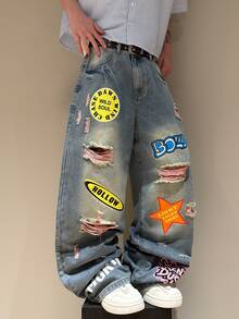 STEELVANCE Men Letter Graphic Ripped Wide Leg Jeans Without Belt - Blue - View 3