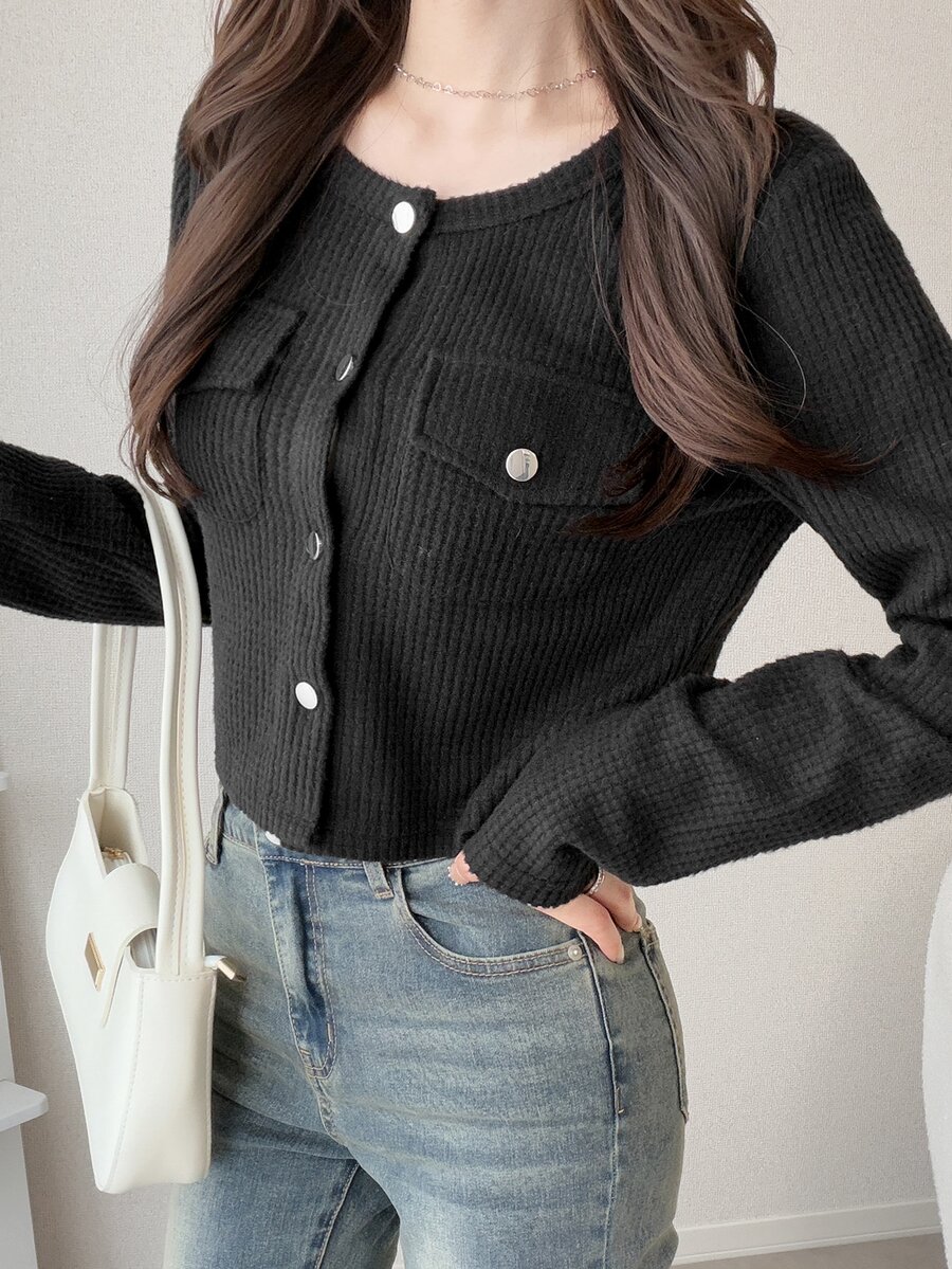 FRIFUL Mantel Musim Gugur dengan Detail Kancing Polos dan Penutup - Hitam - View 1