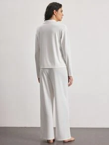 Ocili Notched Collar Buttoned Front Blouse & Pants PJ Set - White - View 3