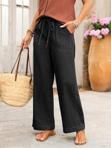 SHEIN PETITE Jeans de pierna ancha con cintura de cordón - Negro - Ver 5