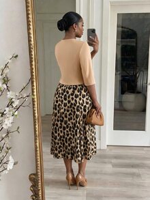 SHEIN Lady CURVE 大尺碼秋季優雅通勤純色上衣與豹紋洋裝2件套 - 彩色 - 查看 2