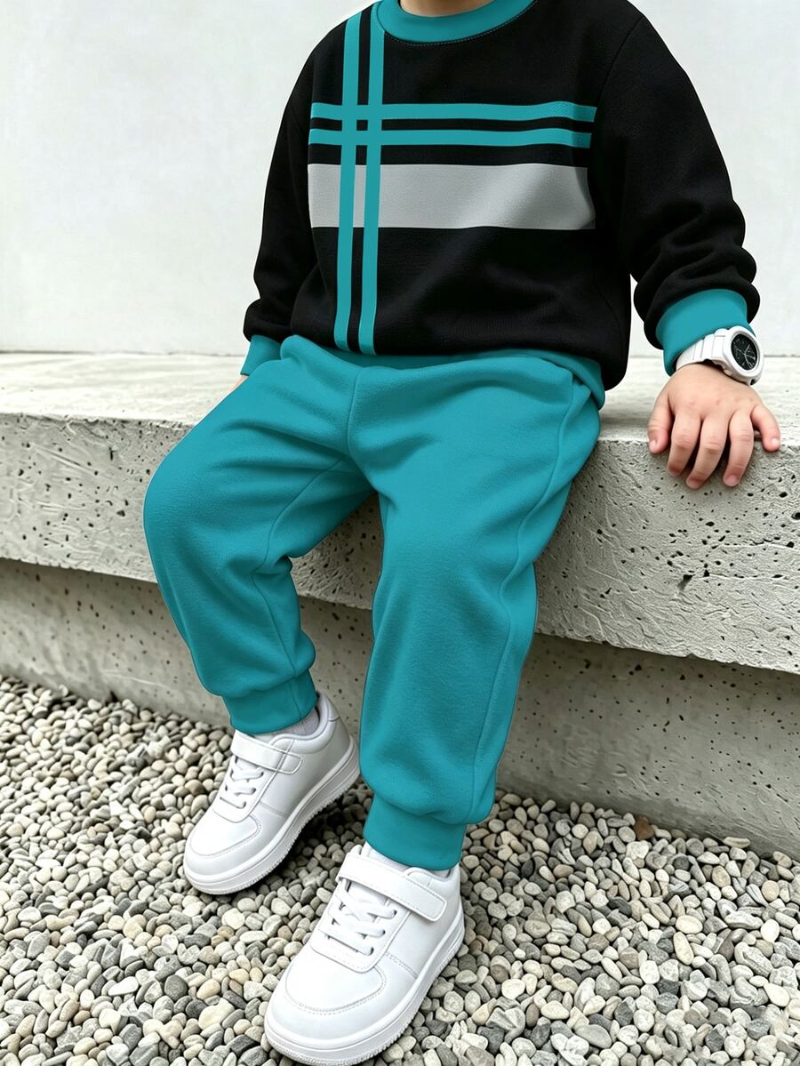 小男孩拼色長袖上衣與長褲休閒日常套裝 - 彩色 - 查看 1