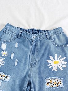SHEIN Jeans rasgados con estampado floral & leopardo y borde crudo talla grande - Azul - Ver 6