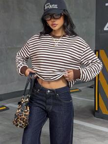 SHEIN EZwear 條紋印花落肩衛衣 - 彩色 - 查看 7