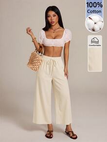 SHEIN PETITE 女士長褲 - 米色 - 查看 4