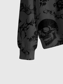 ROMWE Goth Skull Print Drop Shoulder Sweatshirt - Black - View 3