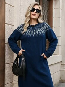 Lacomfia Plus Size Sweater Dresses - Navy Blue - View 3