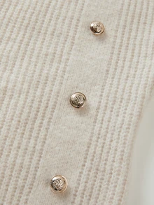 SHEIN Turtleneck Button Detail Split Thigh Sweater Dress - Apricot - View 7