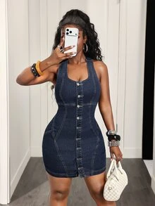 Slaydiva Gaun Denim Biru Seksi Kancing Depan Saku Leher Halter untuk Wanita - Dark Wash - View 7