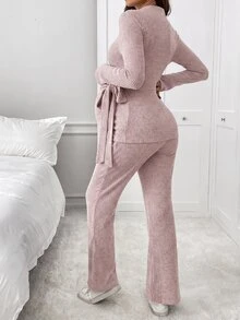 SHEIN 孕婦多功能繫帶前開衩上衣與可調腰圍長褲 2 件套 - 藕粉色 - 查看 2