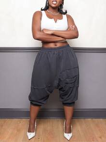 Slaydiva Plus Solid Elastic Waist Harem Pants Fall - Grey - View 5