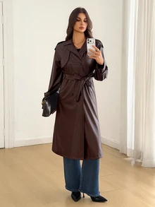 SHEIN Tall Double Breasted Belted PU Trench Coat - Brown - View 6