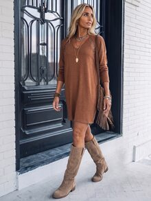 LanaWest Solid Drop Shoulder Lace Insert Short Tee Dress - Brown - View 5