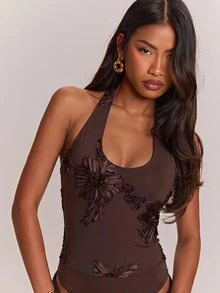 SHEIN BAE بودي سوت بنقشة زهور بياقة هالتر وظهر مكشوف - بني - مشاهدة 1