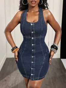 Slaydiva Gaun Denim Biru Seksi Kancing Depan Saku Leher Halter untuk Wanita - Dark Wash - View 4