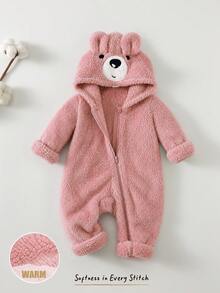 SHEIN Baby Girl Cartoon Pattern 3D Ear Design Long Sleeve Plush Hooded Winter Romper - Pink - View 6