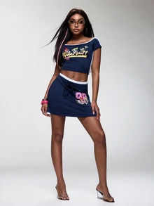 THE POWERPUFF GIRLS X SHEIN Women's Letter Cartoon Print Top And Skirt Fashion 2 Pieces Set - Navy Blue - View 6