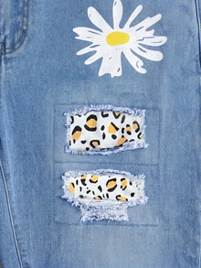 SHEIN Jeans rasgados con estampado floral & leopardo y borde crudo talla grande - Azul - Ver 3