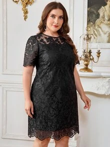 Reflora Vestido de malla sólida con bordado floral talla grande - Negro - Ver 6