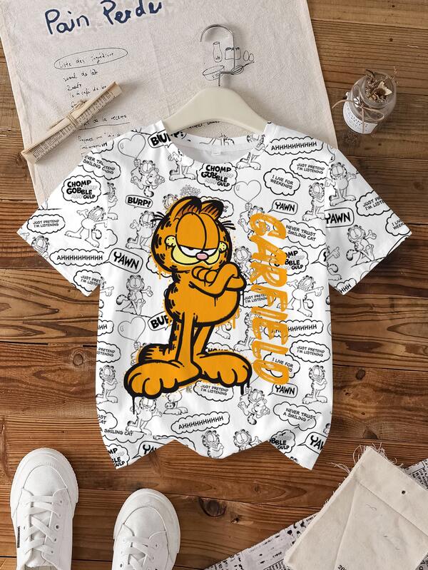 GARFIELD | SHEIN 青少年女孩卡通與字母圖案短袖T恤