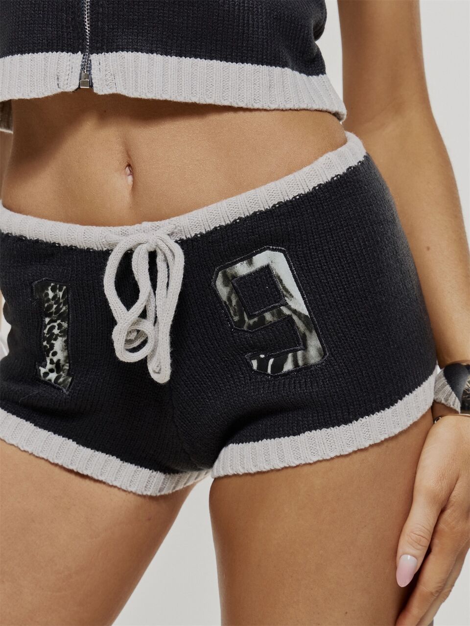 Leopard Print Contrast Knitted Drawstring Waist Mini Coord Shorts