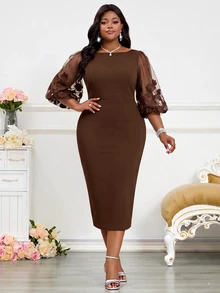SHEIN Lady Plus Size Elegant Party Floral Embroidered Mesh Patchwork Dress - Brown - View 7