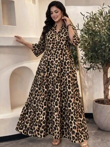 SHEIN Lady CURVE 大尺碼時尚百搭豹紋度假洋裝 - 彩色 - 查看 5