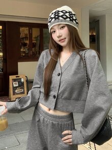 DAZY Women's Casual Cardigan Crop Top And Wide Leg Pants 2 Pieces Set Cute Tops - Grey - View 7