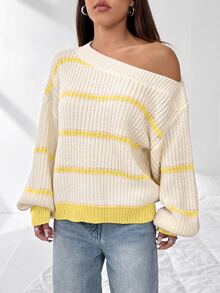 SHEIN Unity 綠色與白色條紋圖案不對稱領口落肩毛衣 早午餐秋季休閒款 - 彩色 - 查看 4