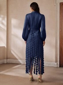 Anewsta Tie Neck Lantern Sleeve Fringe Hem Dress - Navy Blue - View 3